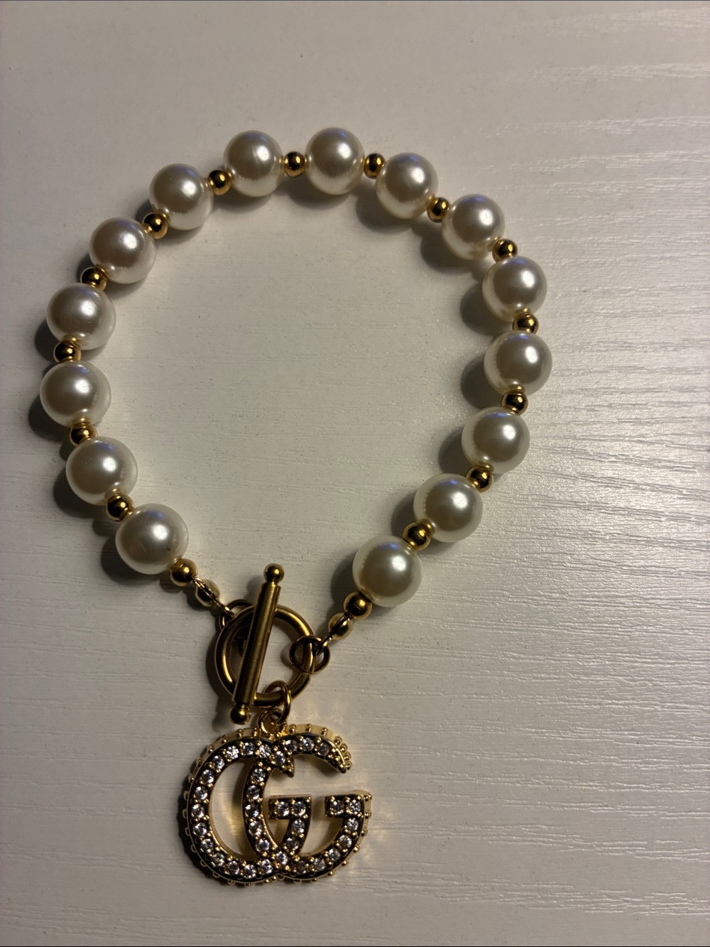 Pearl Bead Bracelet with Gold Crystal GG Charm - White and Gold